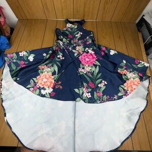Poppies and Roses Girls Navy Floral High Low Halter Dress‎ Size 14